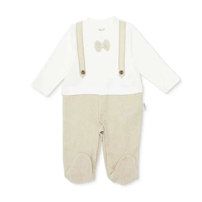 Bebetto Boys Footed Sleepsuit Snap Fastening Baby King Polo Collar Full Length Long Sleeve - Beige 1