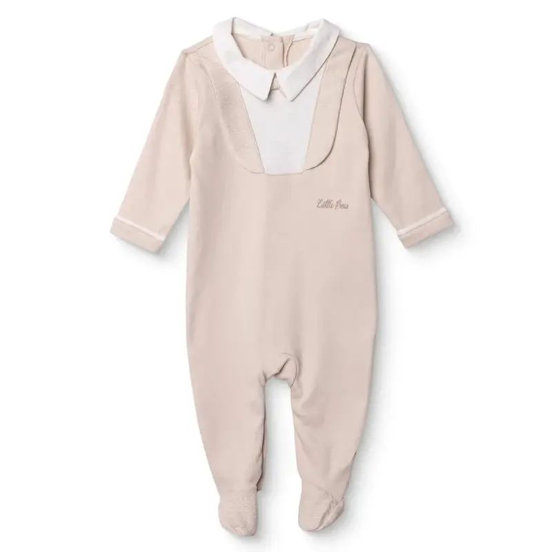 Bebetto Boys Footed Sleepsuit Snap Fastening Little Boss Shirt Collar Full Length Long Sleeve - Beige 1