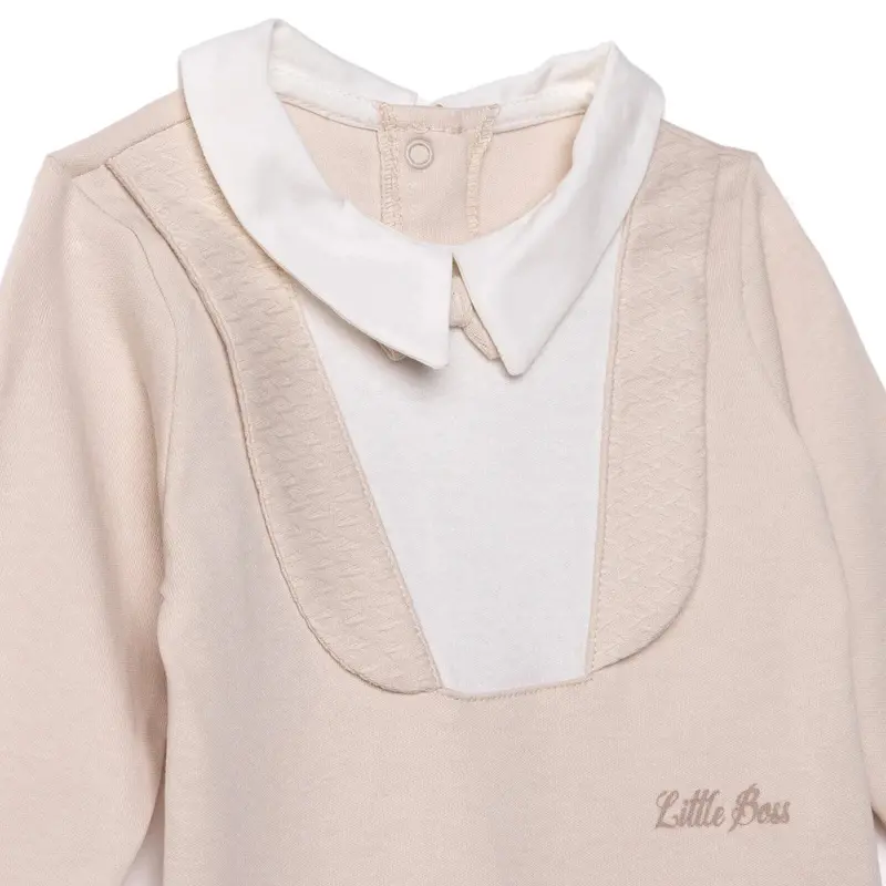 Bebetto Boys Footed Sleepsuit Snap Fastening Little Boss Shirt Collar Full Length Long Sleeve - Beige 3