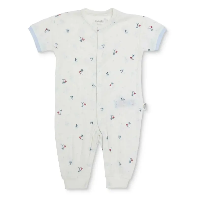 Bebetto Boys Footless Sleepsuit Nautical Print Snap Fastening Palm In The Sea Crew Neck Full Length - Ecru Printed 1