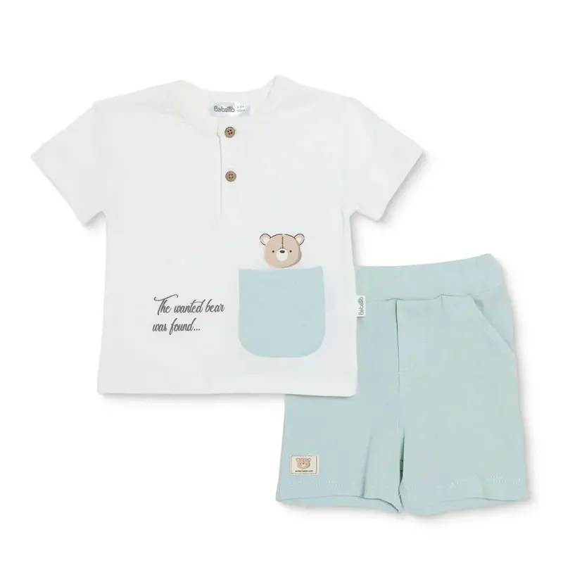 Bebetto Boys T-Shirt & Shorts Set Bear Print Buttoned Hello Crew Neck Short Length Short Sleeve - Multicolour 1