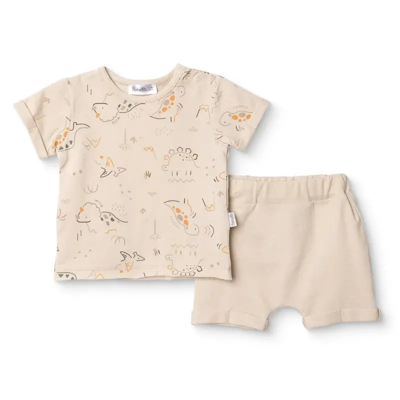 Bebetto Boys T-Shirt & Shorts Set Dinosaur Print Lace-Up Dino Crew Neck Short Length Short Sleeve - Beige 1