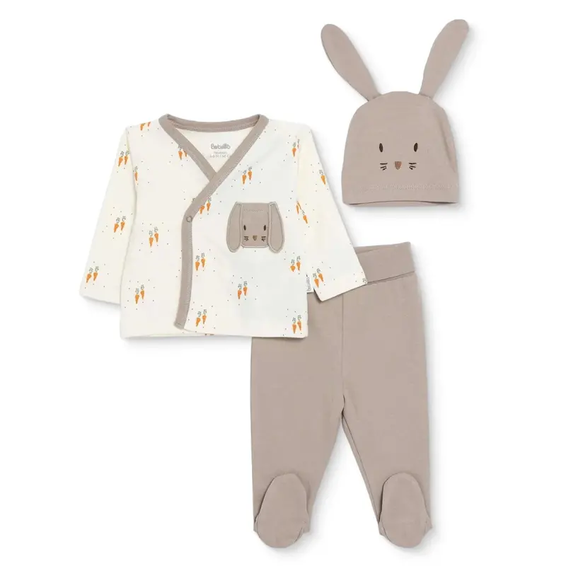 Bebetto Boys Vest Hat & Footed Bottom Set Animal Print Snap Fastening Baby Carrot Envelope Neck Full - Brown 1