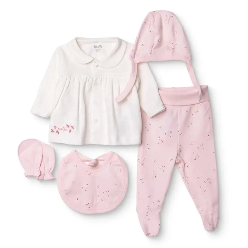 Bebetto Girls 5-Piece Newborn Hospital Set Buttoned Flower Garden Crew Neck Full Length Long Sleeve - Pink 1