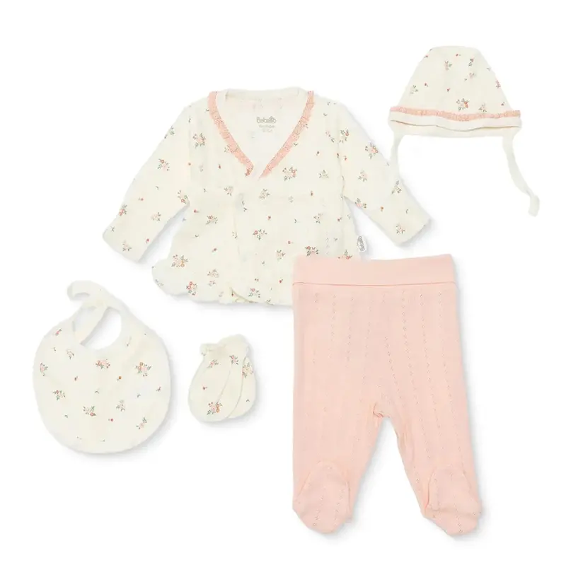 Bebetto Girls 5-Piece Newborn Hospital Set Floral Print Snap Fastening Bloom Envelope Neck Full Leng - Pink 1
