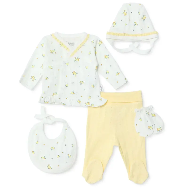 Bebetto Girls 5-Piece Newborn Hospital Set Floral Print Snap Fastening Bloom Envelope Neck Full Leng - Yellow 1