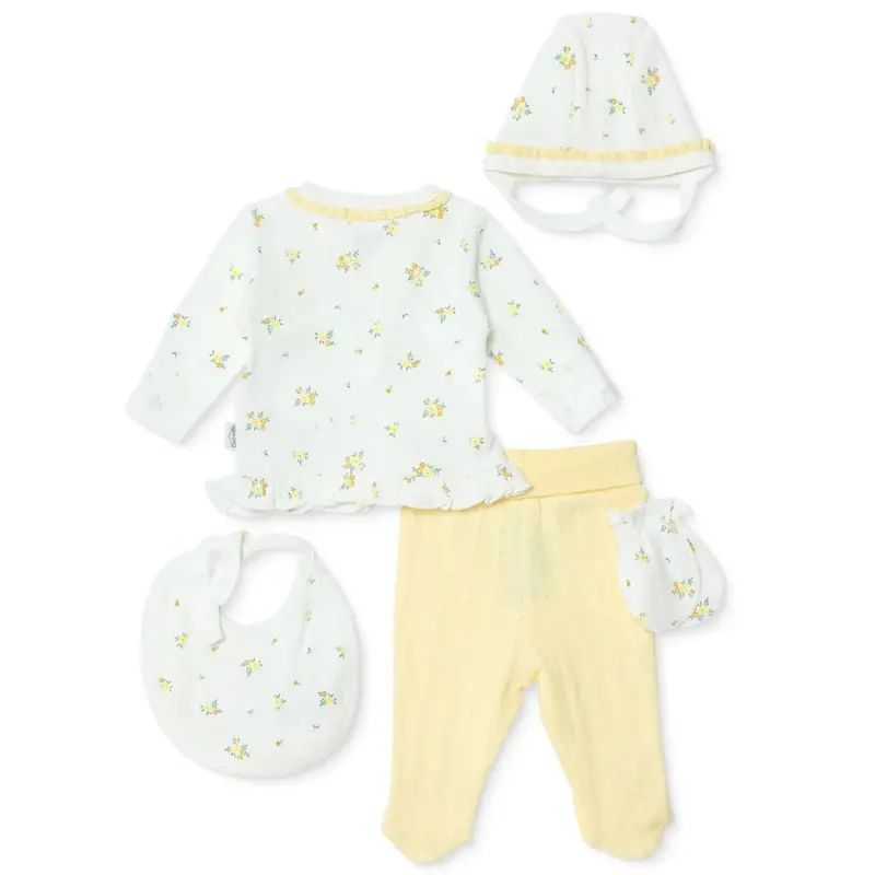 Bebetto Girls 5-Piece Newborn Hospital Set Floral Print Snap Fastening Bloom Envelope Neck Full Leng - Yellow 2