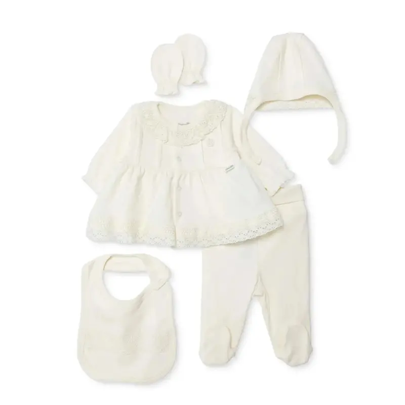 Bebetto Girls 5-Piece Newborn Hospital Set Snap Fastening Ceremony Frill Neck Full Length Long Sleev - Ecru 1
