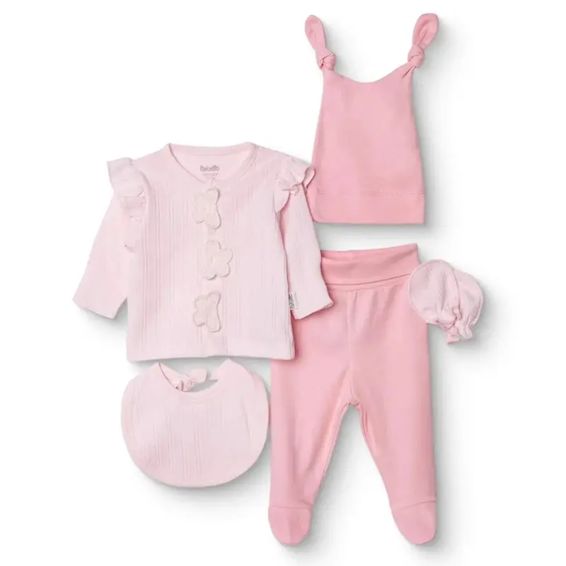 Bebetto Girls 5-Piece Newborn Hospital Set Snap Fastening Loves You Crew Neck Full Length Long Sleev - Pink 1