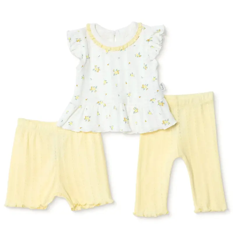 Bebetto Girls Blouse & Leggings Set Floral Print Snap Fastening Bloom Frill Neck Full Length Short S - Yellow 1