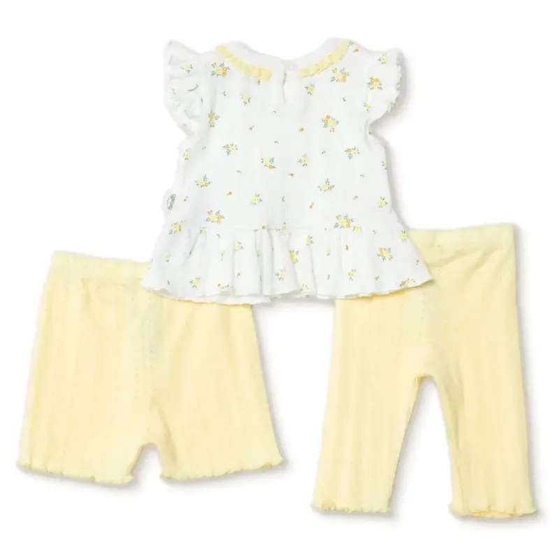 Bebetto Girls Blouse & Leggings Set Floral Print Snap Fastening Bloom Frill Neck Full Length Short S - Yellow 2