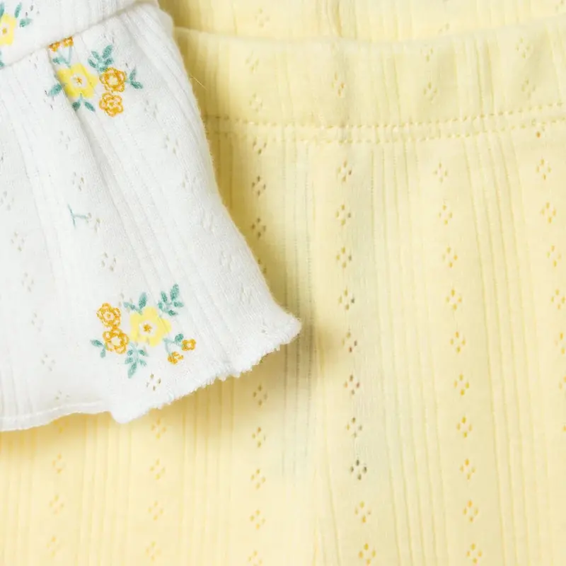 Bebetto Girls Blouse & Leggings Set Floral Print Snap Fastening Bloom Frill Neck Full Length Short S - Yellow 4