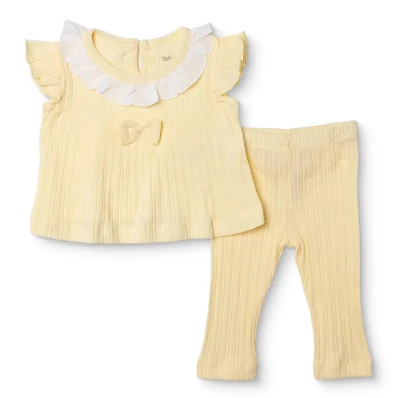 Bebetto Girls Blouse & Leggings Set Sweet Princess Frill Neck Full Length Short Sleeve - Yellow 1
