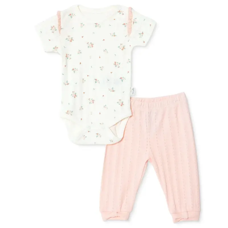 Bebetto Girls Bodysuit & Footless Bottom Set Floral Print Snap Fastening Bloom Frill Neck Full Lengt - Pink 1