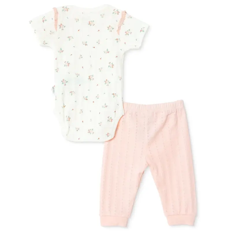 Bebetto Girls Bodysuit & Footless Bottom Set Floral Print Snap Fastening Bloom Frill Neck Full Lengt - Pink 2
