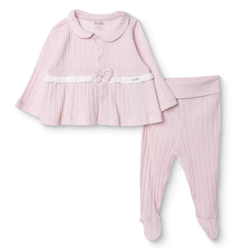Bebetto Girls Cardigan & Footed Trousers Set Bow Print Sweet Princess Shirt Collar Full Length Long - Pink 1