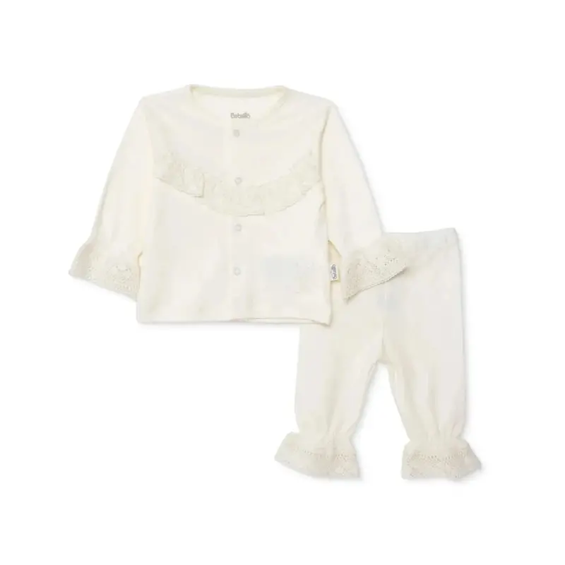 Bebetto Girls Cardigan & Footless Bottom Set Snap Fastening Ceremony Crew Neck Full Length Long Slee - Ecru 1