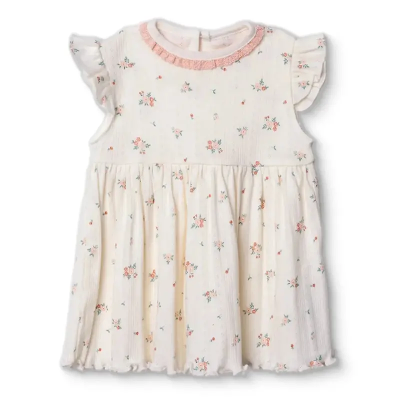 Bebetto Girls Dress Floral Print Snap Fastening Bloom Frill Neck Short Sleeve - Yellow 1