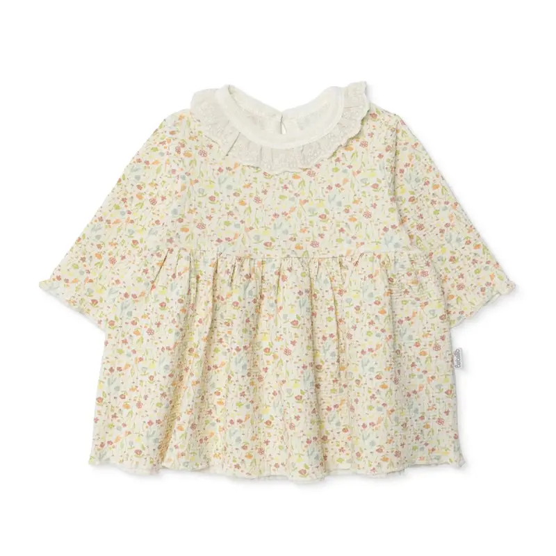 Bebetto Girls Dress Floral Print Snap Fastening House Of Birds Frill Neck Long Sleeve - Salmon 1