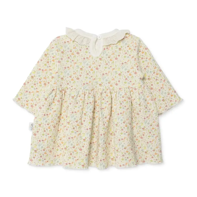 Bebetto Girls Dress Floral Print Snap Fastening House Of Birds Frill Neck Long Sleeve - Salmon 2