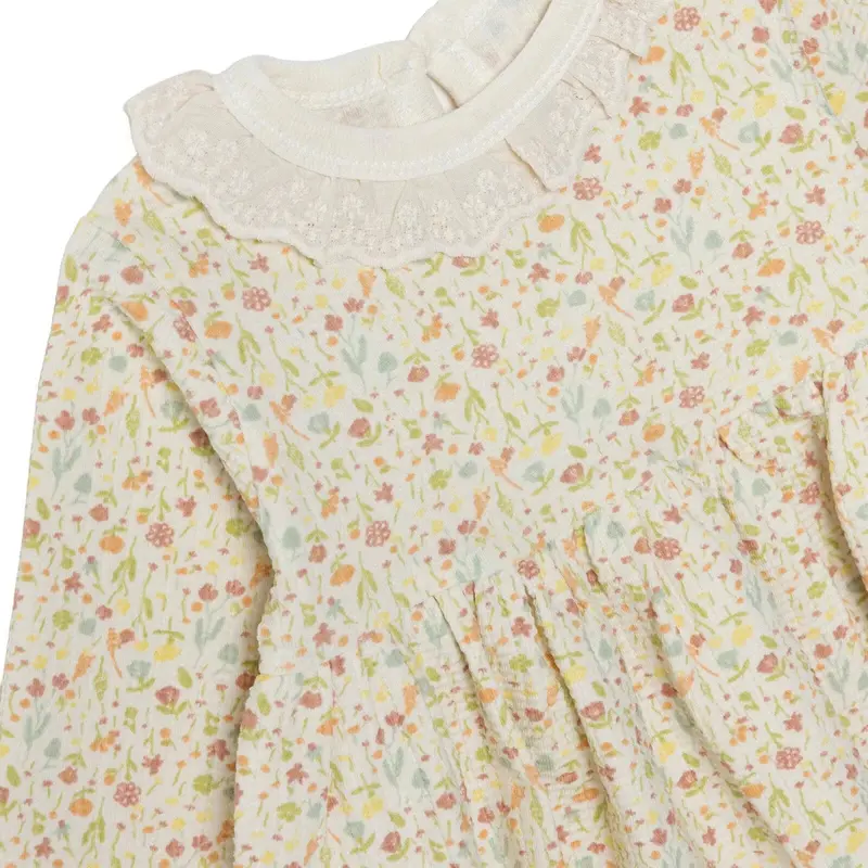 Bebetto Girls Dress Floral Print Snap Fastening House Of Birds Frill Neck Long Sleeve - Salmon 3