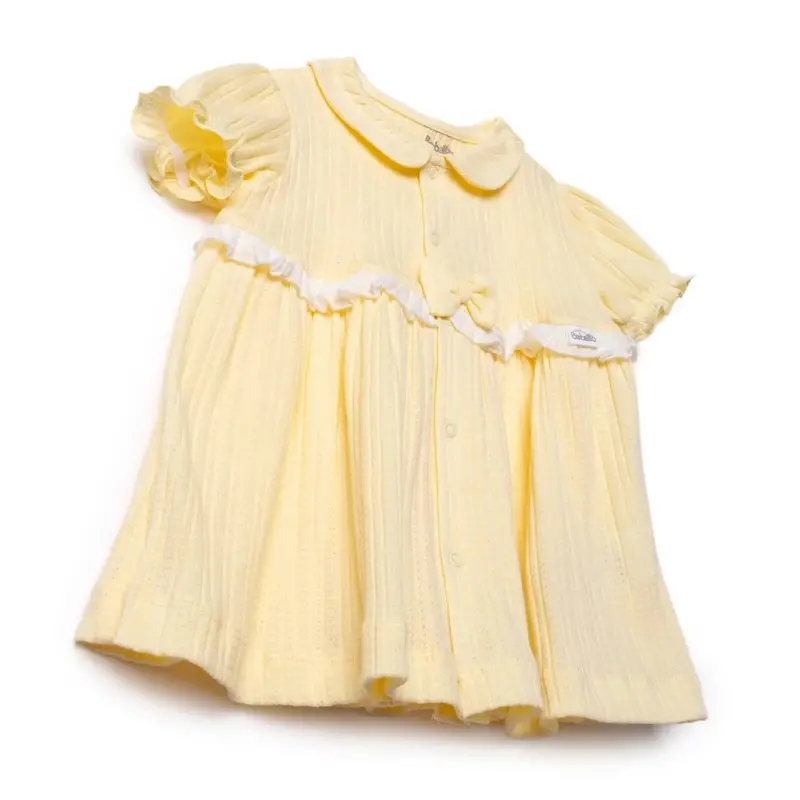 Bebetto Girls Dress Snap Fastening Sweet Princess Frill Neck Short Sleeve - Yellow 3