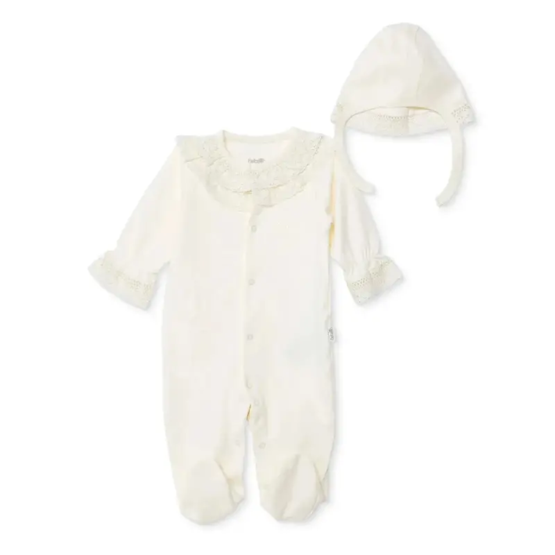 Bebetto Girls Sleepsuit & Hat Set Snap Fastening Ceremony Frill Neck Full Length Long Sleeve - Ecru 1
