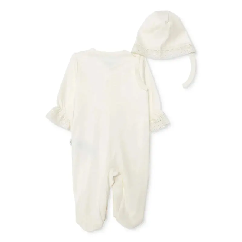 Bebetto Girls Sleepsuit & Hat Set Snap Fastening Ceremony Frill Neck Full Length Long Sleeve - Ecru 2