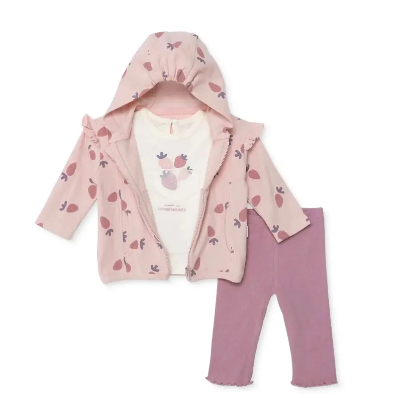 Bebetto Girls Sweatshirt Cardigan & Footless Bottom Set Fruit Print Zip Fastening Strawberry Crew Ne - Light Rose 1