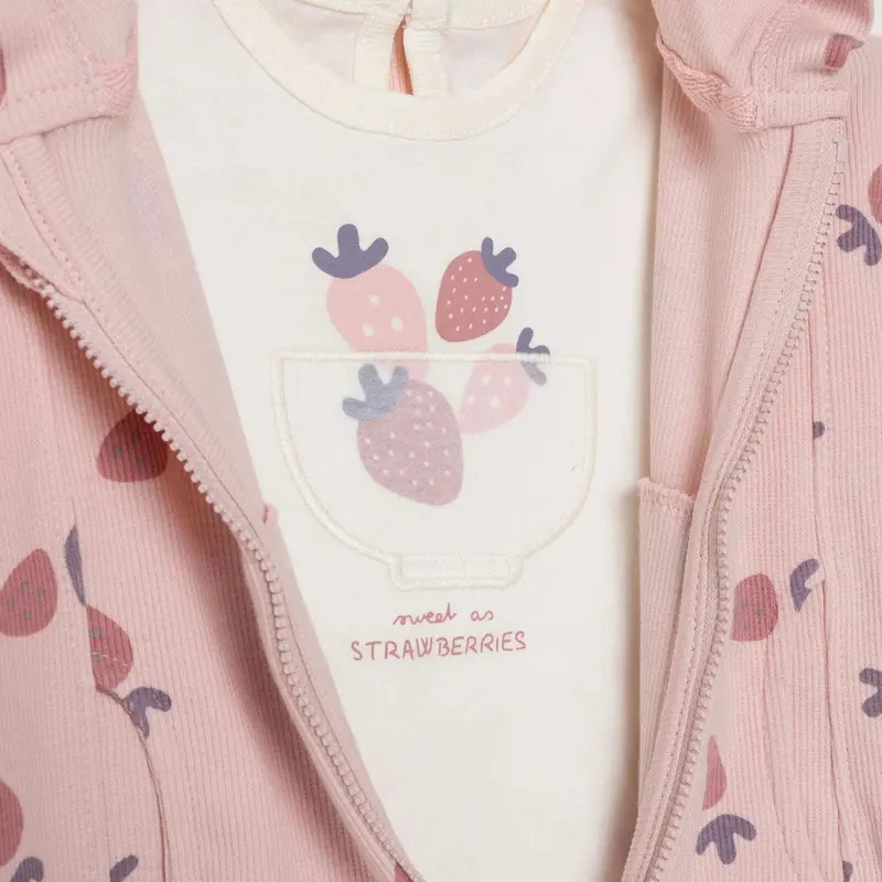Bebetto Girls Sweatshirt Cardigan & Footless Bottom Set Fruit Print Zip Fastening Strawberry Crew Ne - Light Rose 3