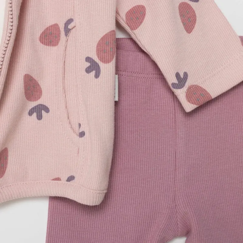Bebetto Girls Sweatshirt Cardigan & Footless Bottom Set Fruit Print Zip Fastening Strawberry Crew Ne - Light Rose 4