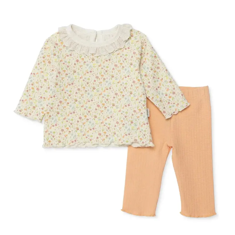 Bebetto Girls Sweatshirt & Footless Bottom Set Floral Print House Of Birds Frill Neck Full Length Lo - Salmon 1