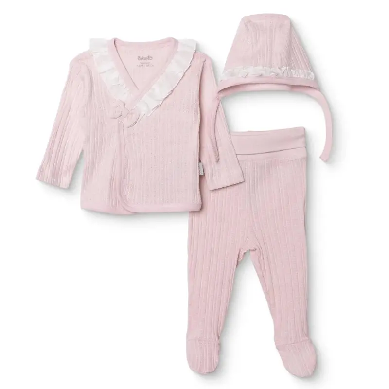 Bebetto Girls Vest Hat & Footed Bottom Set Snap Fastening Sweet Princess Frill Neck Full Length Long - Pink 1