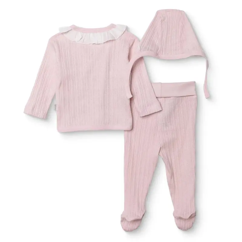 Bebetto Girls Vest Hat & Footed Bottom Set Snap Fastening Sweet Princess Frill Neck Full Length Long - Pink 2