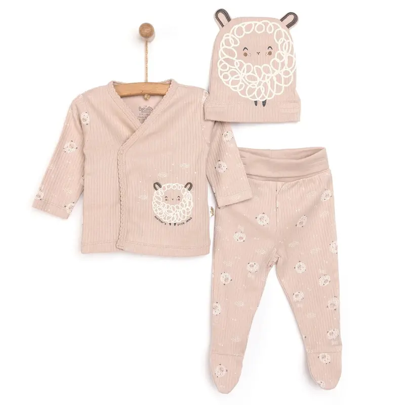 Bebetto Newborn Baby Girl Top-Footed Jumpsuit- Hat - Beige 1