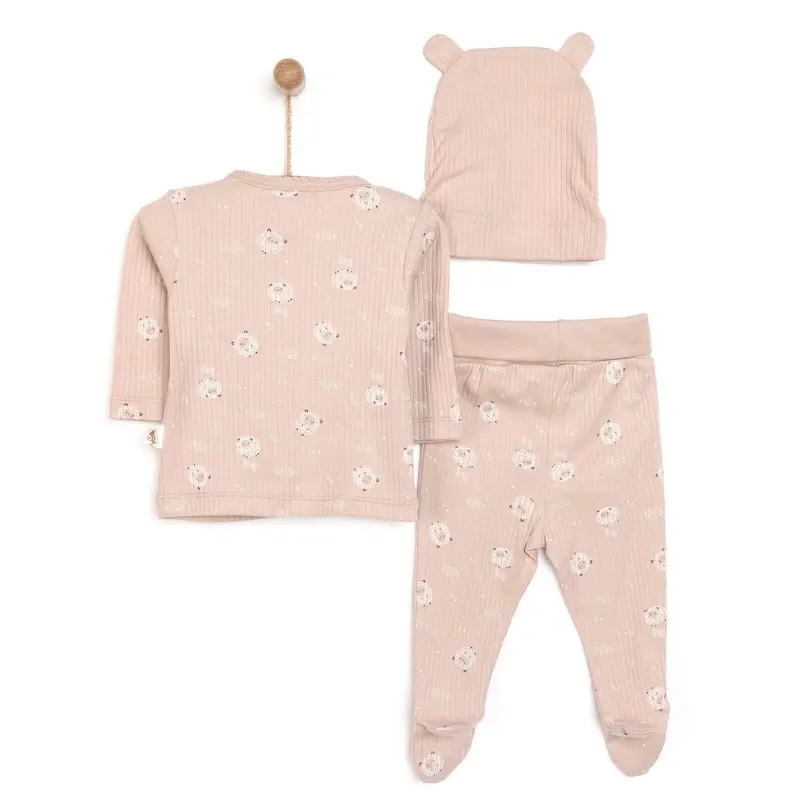 Bebetto Newborn Baby Girl Top-Footed Jumpsuit- Hat - Beige 2