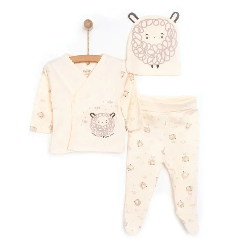 Bebetto Newborn Baby Girl Top-Footed Jumpsuit- Hat - Ecru 1