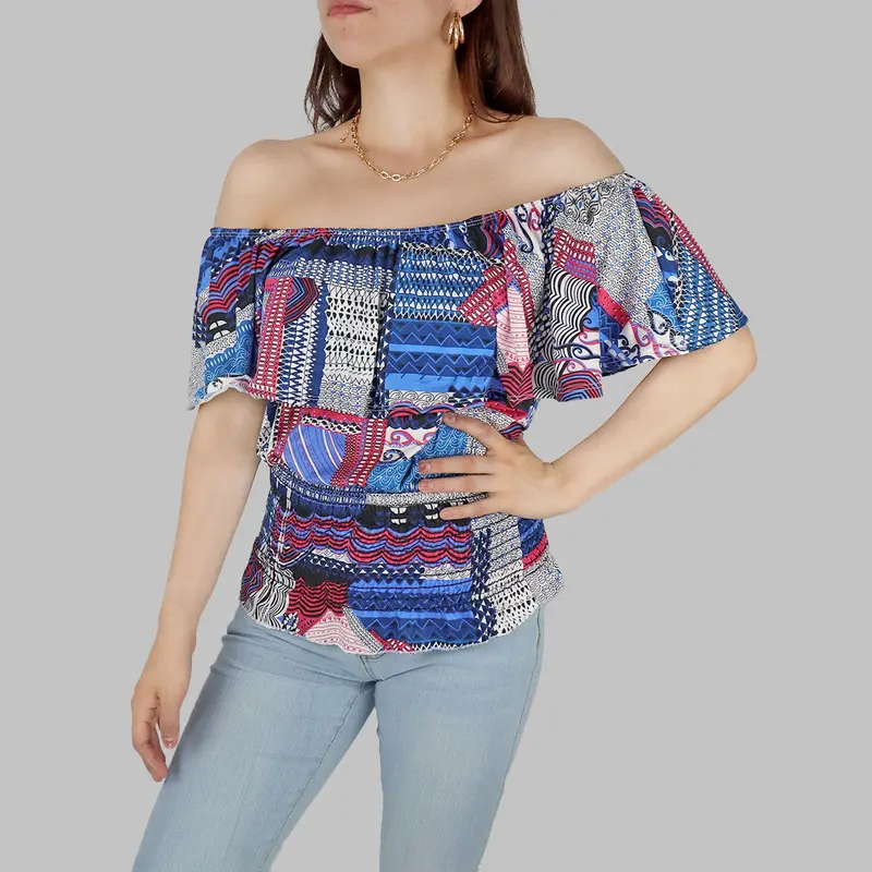 Blusa Campesina Para Dama, Color Azul Con Rosa 1