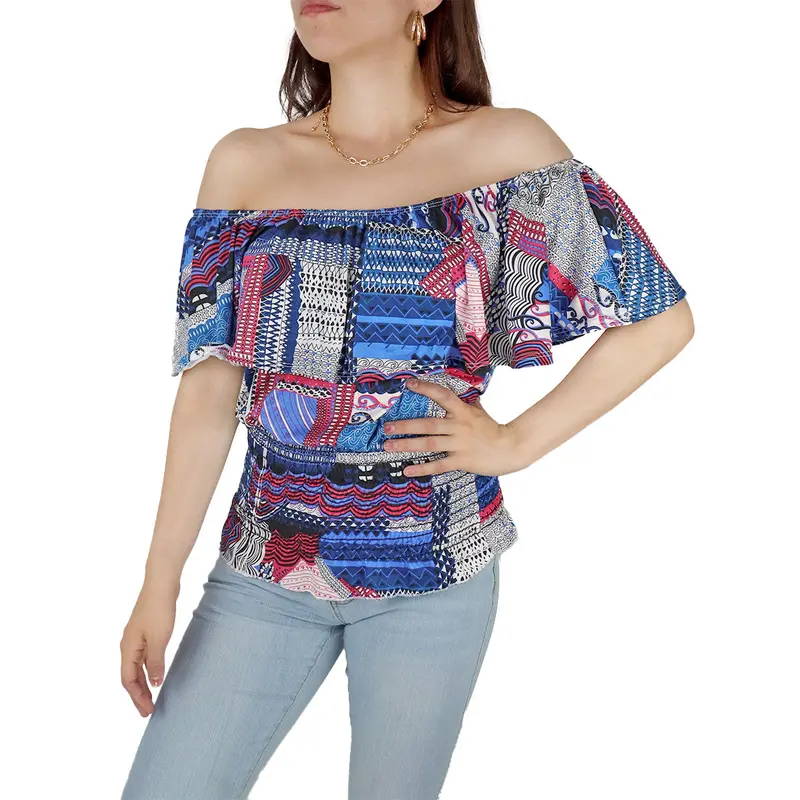 Blusa Campesina Para Dama, Color Azul Con Rosa 2