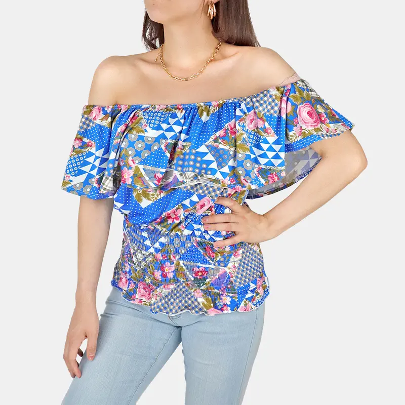 Blusa Campesina Para Dama, Color Azul Con Verde 1