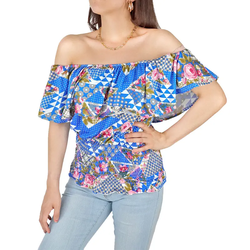 Blusa Campesina Para Dama, Color Azul Con Verde 2
