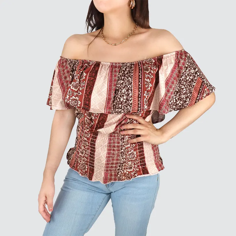 Blusa Campesina Para Dama, Color Café Con Rosa 1