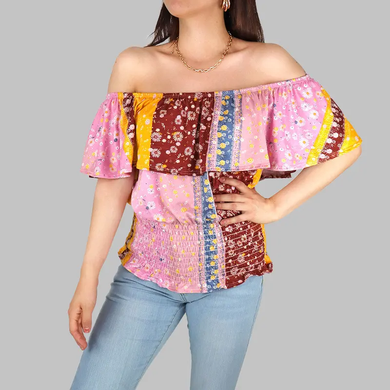 Blusa Campesina Para Dama, Color Rosa Con Amarillo 1