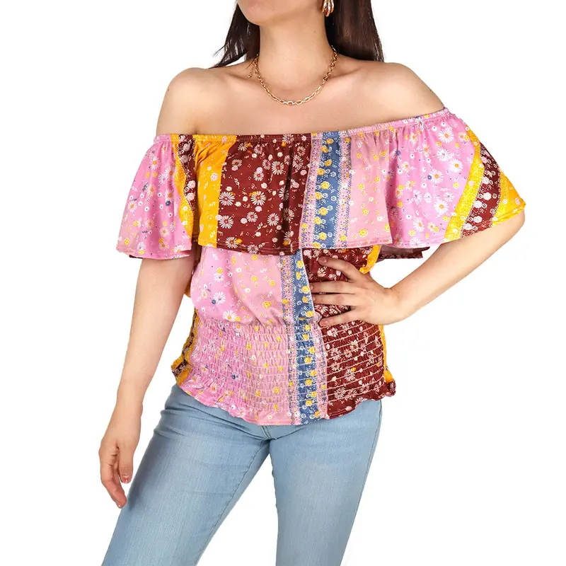 Blusa Campesina Para Dama, Color Rosa Con Amarillo 2