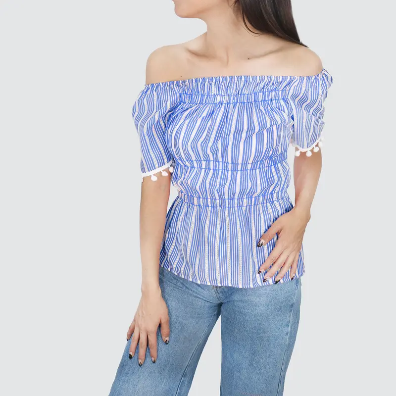 Blusa Con Corte Campesino Para Dama, Color Azul 1