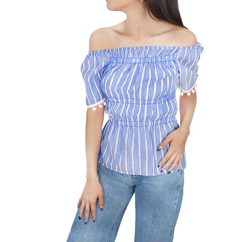 Blusa Con Corte Campesino Para Dama, Color Azul 2