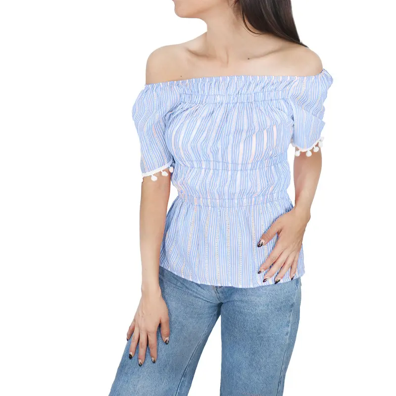 Blusa Con Corte Campesino Para Dama, Color Azul Cielo 2