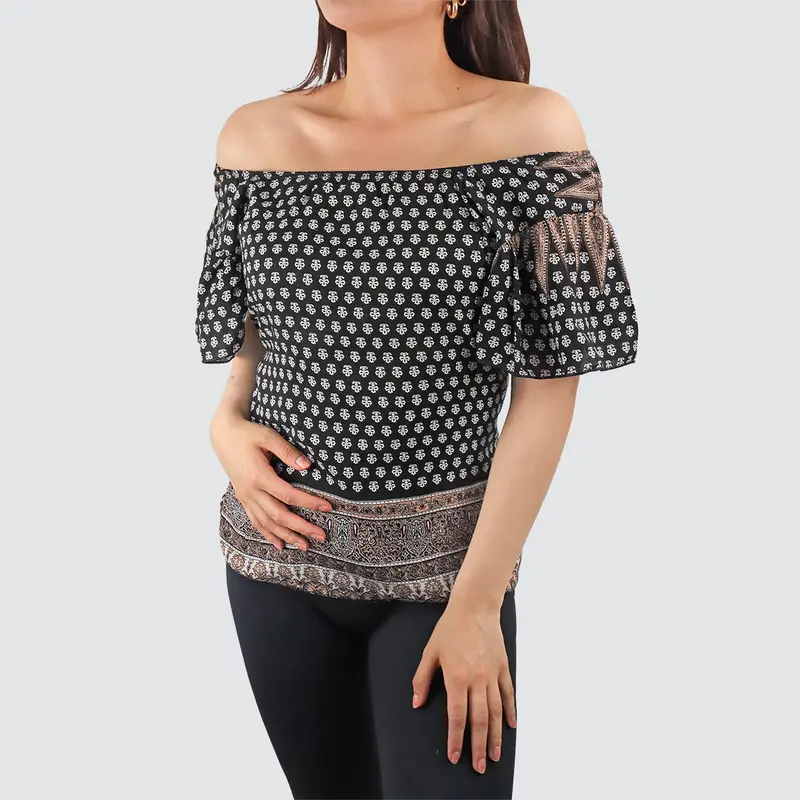 Blusa Tipo Campesina Para Dama, Color Negro Con Blanco 1