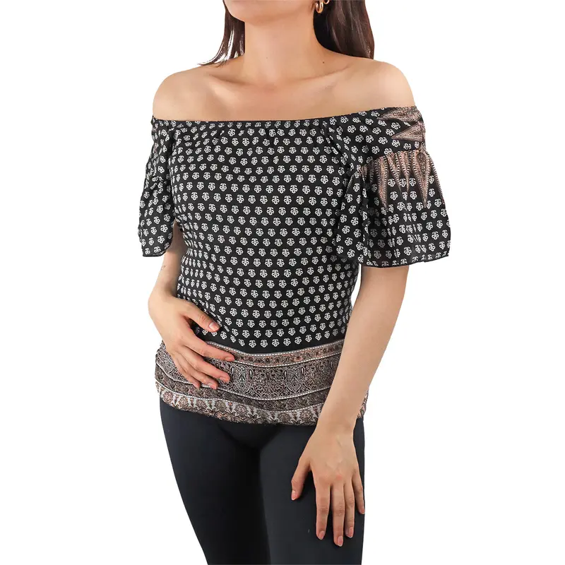Blusa Tipo Campesina Para Dama, Color Negro Con Blanco 2