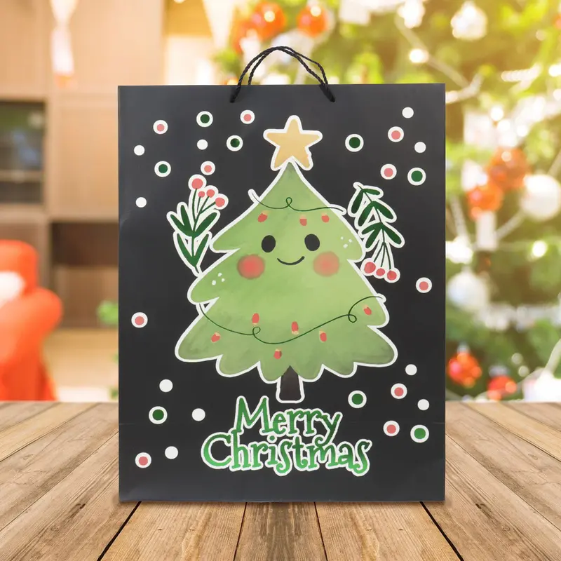 Bolsa De Regalo Navideña, Diseño Pino, Color Negro 1